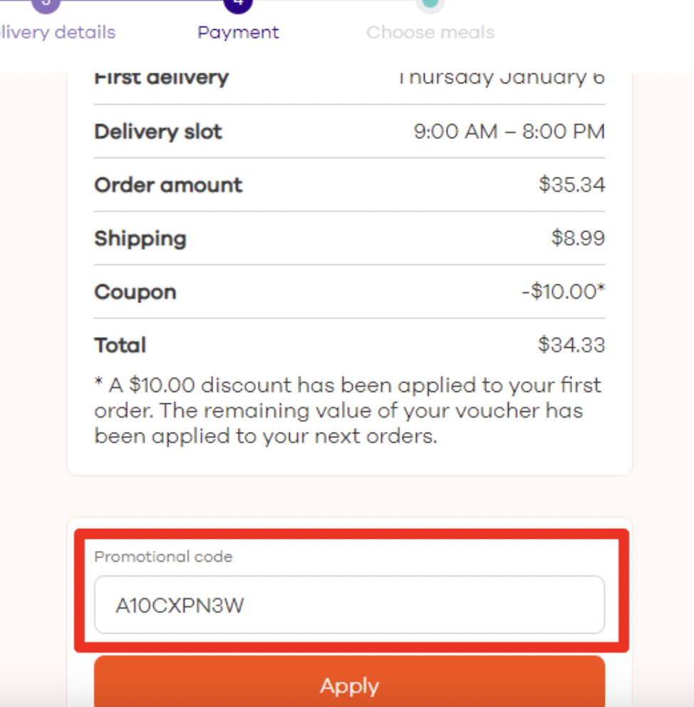 applying Dinnerly promo code on checkout page